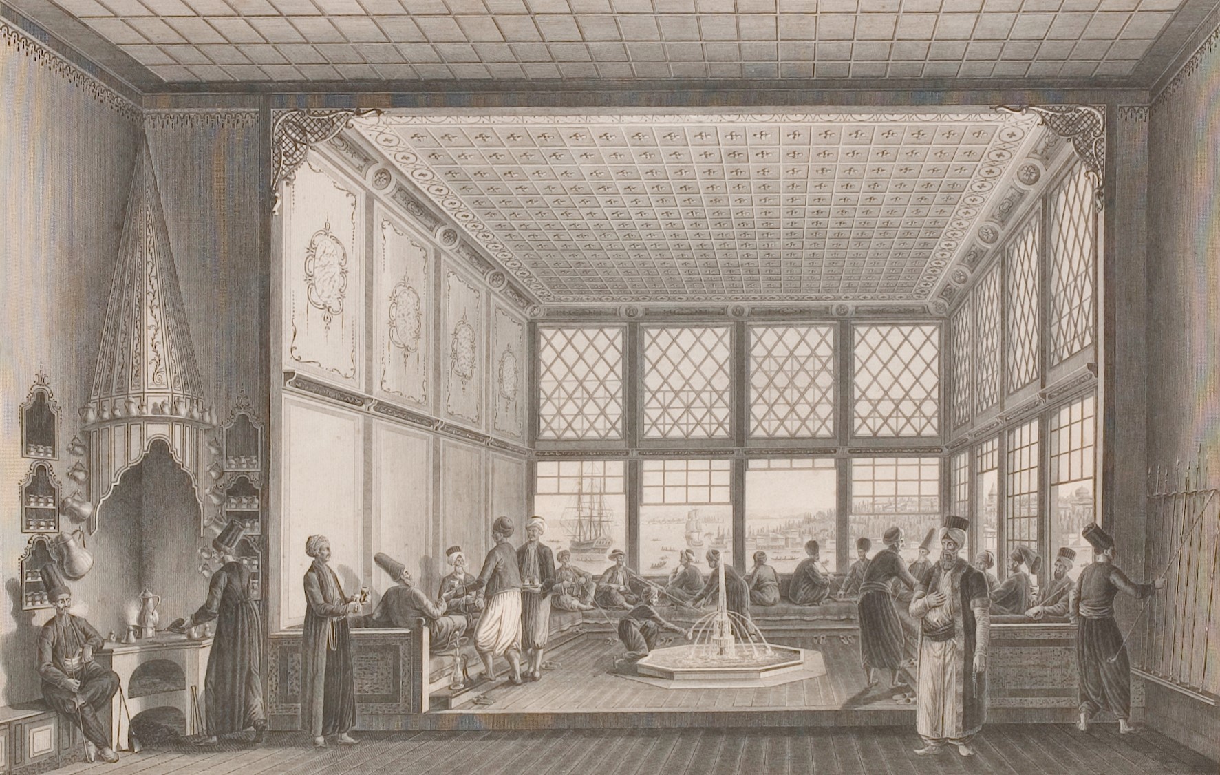 Antoine-Ignace Melling'in gravüründe Boğaz kıyısında geniş bir Osmanlı kahvehanesi